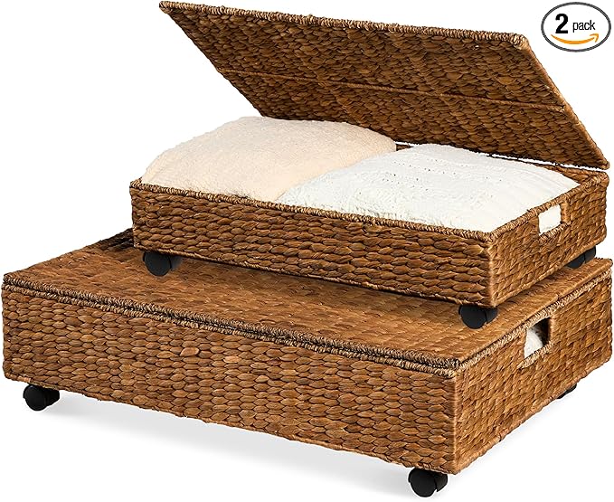 Best Choice Products Under Bed Storage Containers W/Lid, Wheels and Handles, 2-Pack Large Handwoven Water Hyacinth Closet Organizer, Shoe Storage Bins, Multi-Purpose Nesting Baskets - Chestnut