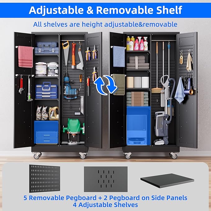 Aobabo Metal Broom Closet Storage Cabinets with 4 Adjustable Shelves and Lock,Metal Mop and Broom Cabinet with Pegboards and Wheels,Assembly Required,Black