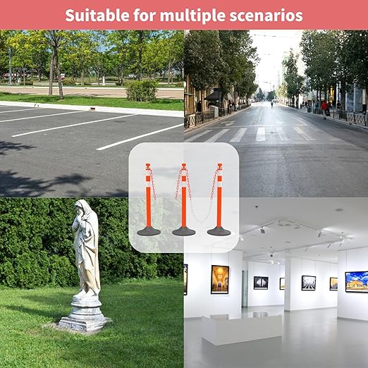 6 Pack Traffic Delineator Post Cones with Plastic Chain Crowd Control Barriers - Expandable 40" Traffic Control Cones, 6 x 6.6 Ft Chains for Indoor & Outdoor Use (Red-Rubber Base)