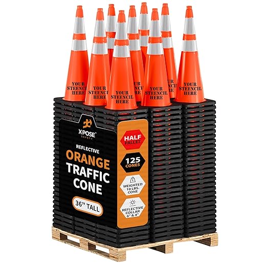 Xpose Safety 36 Inch Orange Traffic Cones Heavy Duty 12lb 6" & 4" Collar - Bulk Half Pallet 125 Pack - Multipurpose PVC Plastic Safety Cone Parking, Soccer, Caution & Construction - DOT Approved