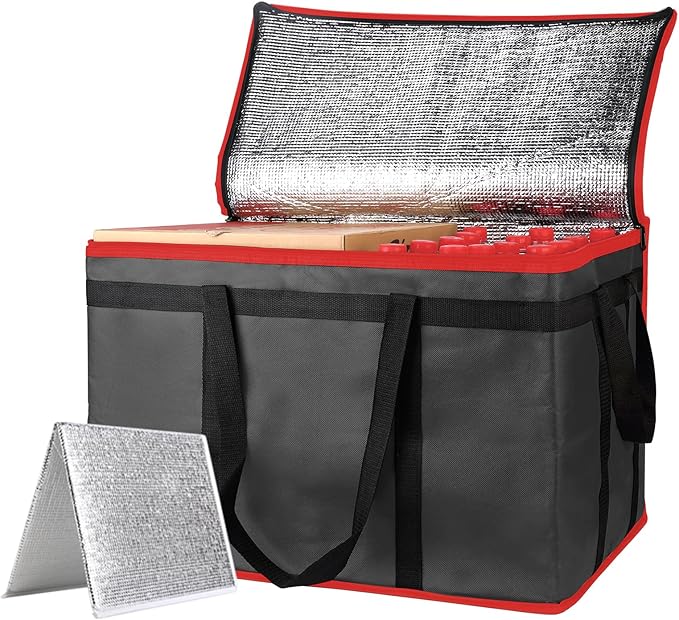 mosago Insulated Food Delivery Bag - Reusable Thermal Cooler Grocery Bags for Catering & Delivery, Pizza Carrier for Events, Large Capacity Bag Keeps Food Hot/Cold (Black with Red Trim, with Base)