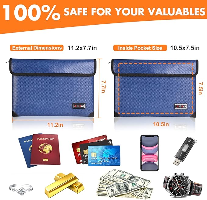 Fireproof Document Bag - with 5200°F Heat Insulated, Waterproof Fireproof Bag with Zipper, 8 Layers of Functional Materials, Fireproof Money Bag for Cash/Documents/Valuables, Fire bag 11"x7.7"