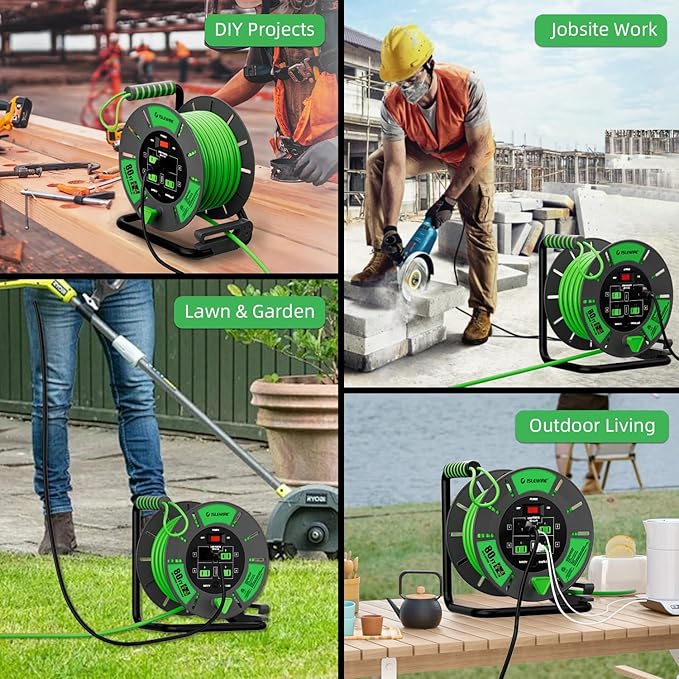 Retractable Extension Cord Reel 80 FT, 14AWG SJTOW Heavy Duty Power Cord with 4 Grounded Outlets, USB-A & USB-C Ports, 13A Circuit Breaker, Hand Crank for Indoor Outdoor Use, ETL Listed, Green