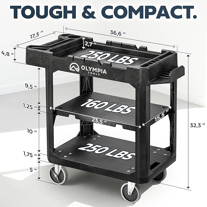 Olympia Tools Heavy Duty Utility Work Cart | 2 in 1 Convertible 3 Shelf to Flat Top Workstation | 660 lb Capacity, HDPE Frame, Ladder Hook, 4 Swivel Wheels | Tool Carts for Garage & Maintenance