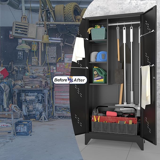 Metal Storage Cabinet with Locking Doors, 75" Tall Garage Cabinet with Hanging Rod, Broom Closet/Freestanding Bathroom Storage Cabinet, Cleaning Tool Storage