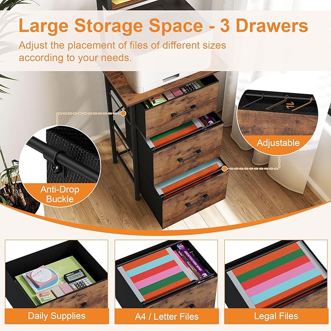 Snughome 3 Drawer Tall File Cabinet with 19.7'' Extended Desktop, 3-Tier Filing Cabinet for Home Office 51.6''H Vertical File Cabinet Printer Stand for Home Office,Fits A4/Letter/Legal,Rustic Brown