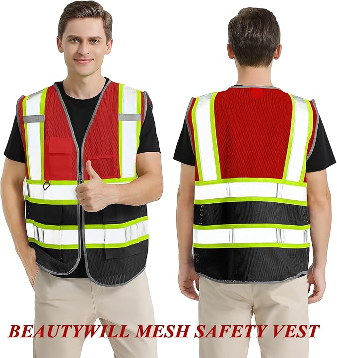 5 Pack Custom Safety Vest Customized Logo Mesh Vest Class 2 High Visibility Reflective Vest with Pockets Workwear（Red Black，XXL ）
