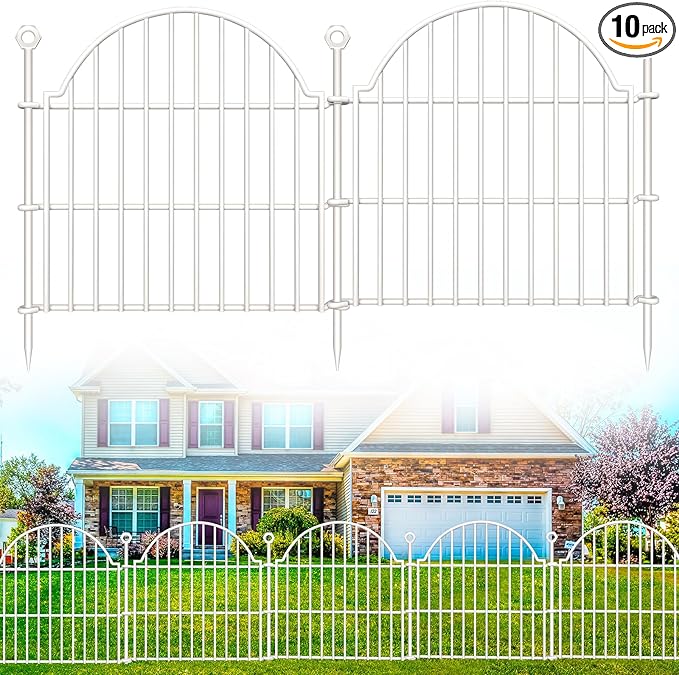 10 Panels No Dig Decorative Garden Fence for Yard, 24in (H) x 20ft (L) Rustproof Metal Wire Panel Border Animal Barrier Fencing for Dog, Rabbits, Flower Bed Edging Ornamental with Ground Stake, White