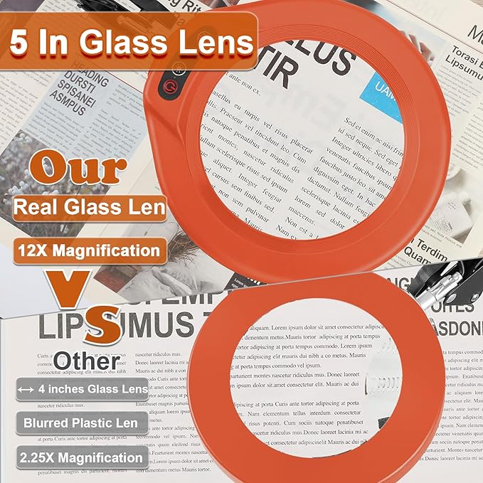 VEEMAGNI 12X 5 Inch Large Real Glass Magnifying Glass with Light and Stand, 5 Color Modes Stepless Dimmable, 2*16 Inch Swivel Arm LED Clamp Desk Lamp, Hands Free Lighted Magnifier for Crafting-Orange