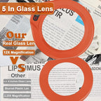 VEEMAGNI 12X 5 Inch Large Real Glass Magnifying Glass with Light and Stand, 5 Color Modes Stepless Dimmable, 2*16 Inch Swivel Arm LED Clamp Desk Lamp, Hands Free Lighted Magnifier for Crafting-Orange