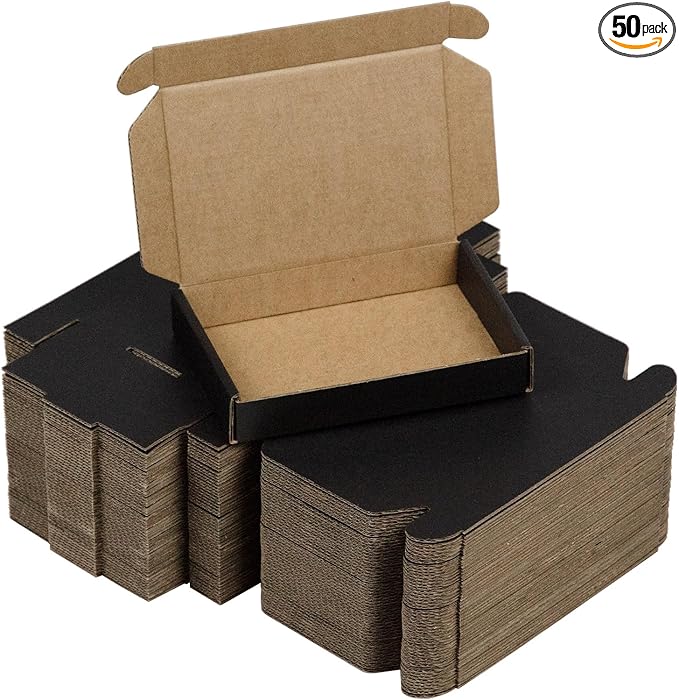 50 Pack 6x4x1 Inches Small Shipping Boxes, Black Corrugated Cardboard Boxes, Moving Mailing Packing Box