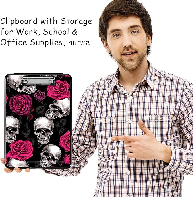 Clipboard with Storage, High Capacity Plastic Storage Clipboard with Low Profile Clip for Women Teachers Work, School & Office Supplies, Cute Pattern Decorative Clipboards, Skull Rose