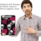 Clipboard with Storage, High Capacity Plastic Storage Clipboard with Low Profile Clip for Women Teachers Work, School & Office Supplies, Cute Pattern Decorative Clipboards, Skull Rose