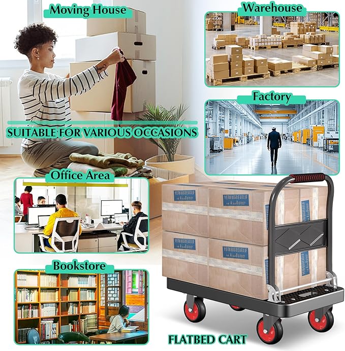 Platform Truck Cart with 3 Fence, 28"x19" Flatbed, 1100lbs Capacity Heavy-Duty Foldable Push Dolly Cart with Swivel Wheels, Foldable & Portable for Groceries, Garage,Home,Office Use, Black