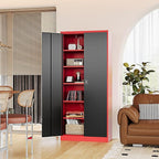 Metal Storage Cabinet-72” Tall Steel File Cabinets with Lockable Doors and Adjustable Shelves-Black&Red Steel Storage Cabinet for Kitchen, Office, Garage