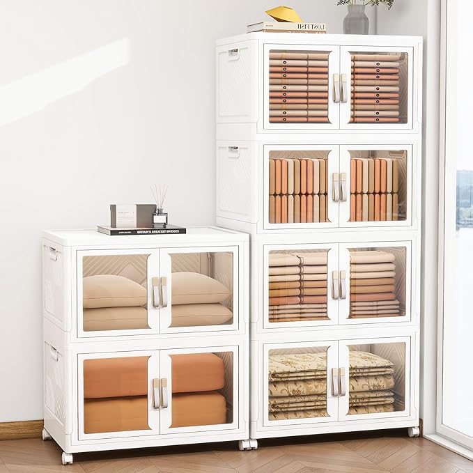 Large Clear Stackable Storage Bins with Lids, 942QT-157QT*6Tier Foldable Cabinet for Closet Organizers, Plastic Storage Box with Wheels White