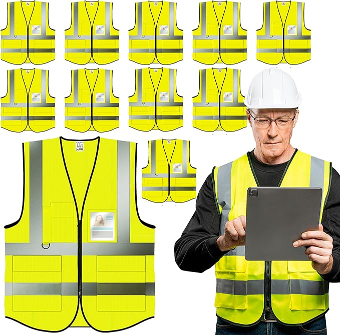 PeerBasics Safety Vest 10 Pack, Yellow, ANSI Class 2, Reflective, For Men Women Unisex, With Pockets Zipper, Breathable Mesh (X-Large)
