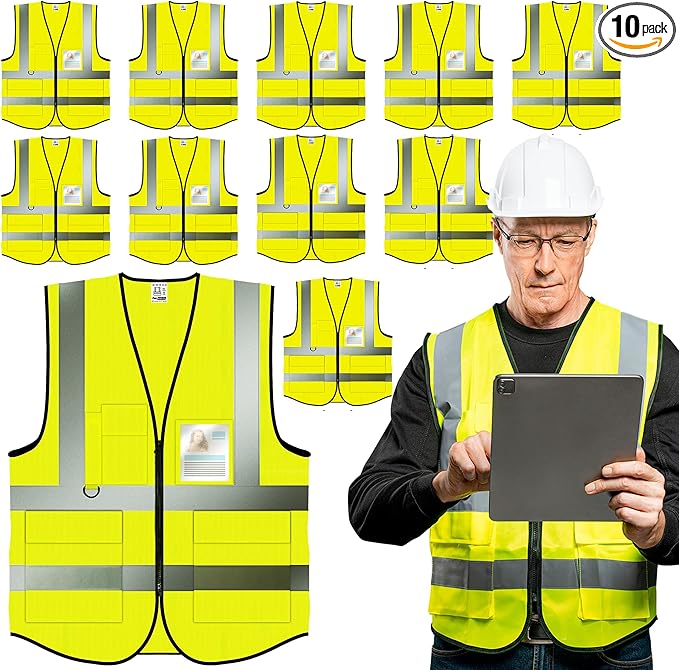 PeerBasics Safety Vest 10 Pack, Yellow, ANSI Class 2, Reflective, For Men Women Unisex, With Pockets Zipper, Breathable Mesh (Large)