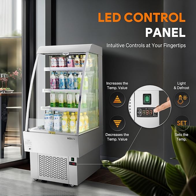 WILPREP Commercial Display Refrigerator, 24" Open Air Merchandiser with 8.1 cu. ft. Volume LED Lighting Night Curtain, Grab and Go Display Refrigerator Showcase for Store Cafe Bar Shop