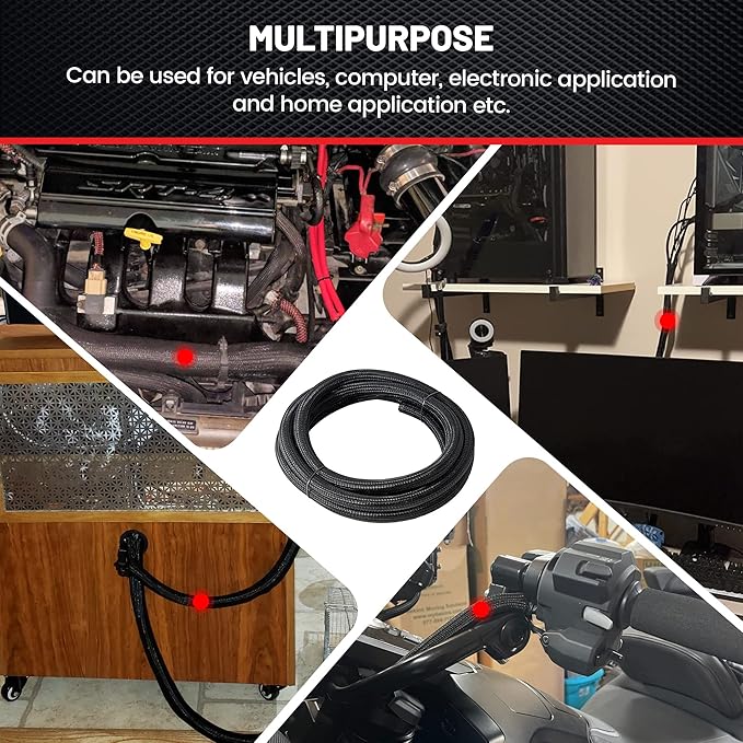 RED WOLF Cable Sleeves Cord Management Braided Wire Loom Split Sleeving 3/8 Inch x 10 FT Protector Wiring Cable Cover Flexible Self-Wrap for Automotive Home Office Anti-Scratch High-Temperature Black