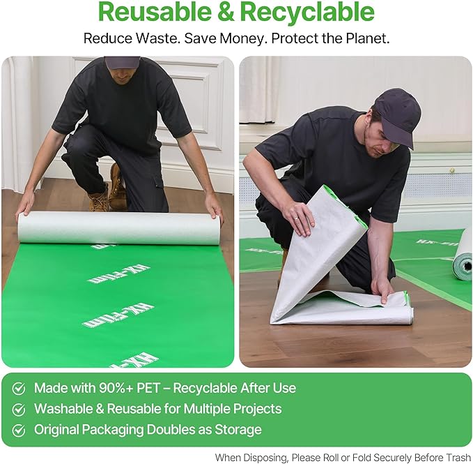 39" x 200' Heavy-Duty Floor Protection | Construction Grade Carpet Protector | Drop Cloth Plastic Film for Hardwood Floors | Waterproof Painters Covering with No Residue (Green)