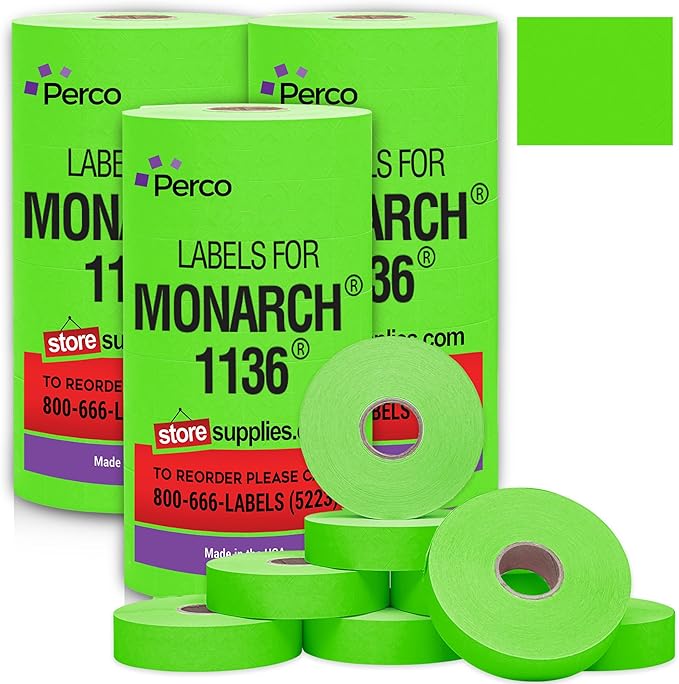 Perco Fluorescent Green Pricing Labels for Monarch 1136 Price Gun – 3 Sleeves, 24 Rolls Value Pack - 42,000 Price Marking Labels – with Ink Rolls Included