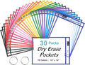 SUNEE 30 Packs Oversized Reusable Dry Erase Pocket Sleeves with 2 Rings, 10 Assorted Colors 10x14 Ticket Holders, Clear Plastic Sheet Protectors, Teacher School Classroom Supplies