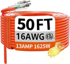 HUANCHAIN 50 ft 16/3 Gauge Outdoor Extension Cord Waterproof with Lighted, Flexible Cold Weather 3 Prong Power Cord Outside, 13A 1625W 125V 16AWG SJTW, Orange, ETL Listed
