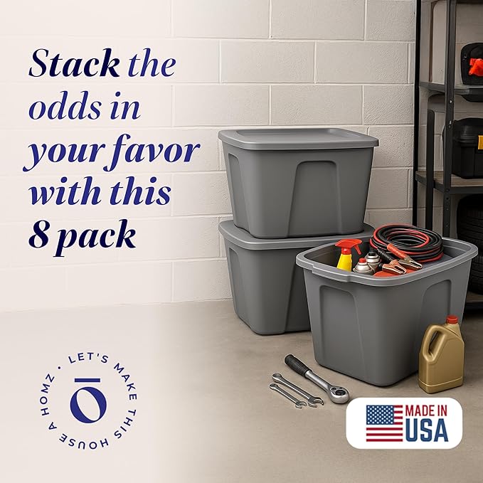 HOMZ 8-Pack Durable Molded Bin, Plastic Storage Containers w/Lids, 18 Gallon, Gray - Stackable Organizer Totes and Boxes for Bedroom, Kitchen, and Garage Organization