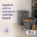 HOMZ 8-Pack Durable Molded Bin, Plastic Storage Containers w/Lids, 18 Gallon, Gray - Stackable Organizer Totes and Boxes for Bedroom, Kitchen, and Garage Organization