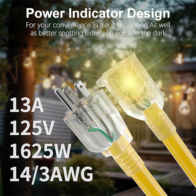 HUANCHAIN 300 ft 14/3 Gauge Heavy Duty Outdoor Extension Cord Waterproof with Lighted, Flexible Cold Weather 3 Prong Electric Cord Outside, 13A 1625W 125V 14AWG SJTW, Yellow, ETL Listed
