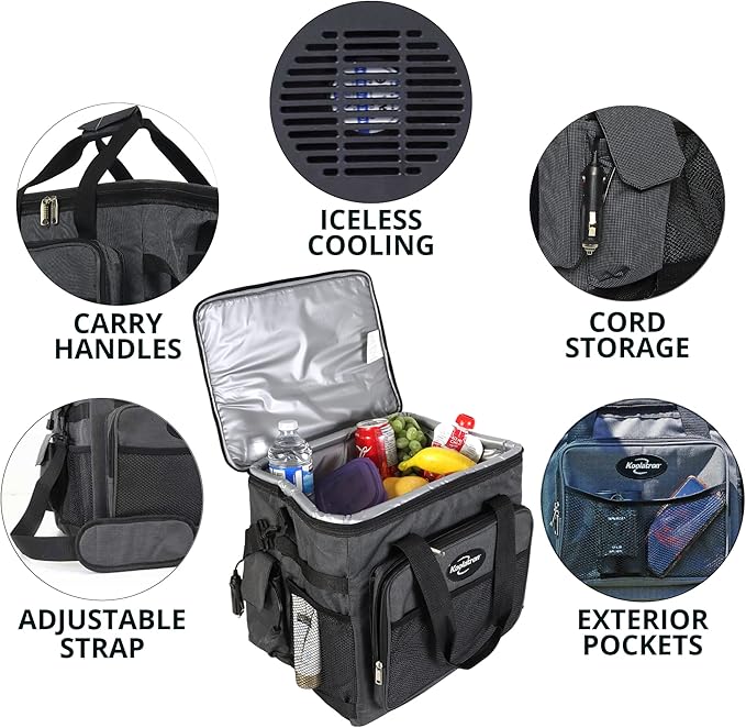 Koolatron Electric Portable Cooler Plug in 12V Car Cooler Bag, 26 qt (25 L) Black/Gray Soft-Sided Portable Car Fridge w/DC Power Cord, Adjustable Shoulder Strap, Cord Storage, Road Trip