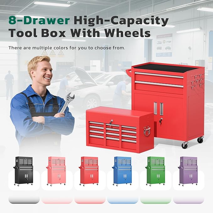 Greenvelly 8-Drawer Rolling Tool Chest, Metal Tool Chest with Wheels, Tool Cabinet with Detachable Top Tool Box, Metal Tool Cart with Liner & Hooks for Garage, Workshop, Warehouse (Red)