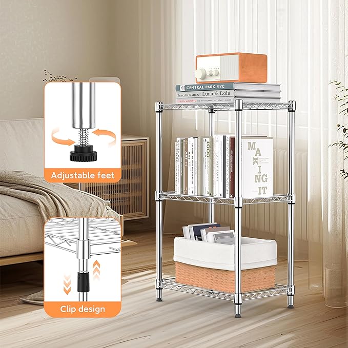 M MZG 3-Tier Metal Wire Shelving Rack with Wheels – Chrome 11.8"D x 17.7"W x 28.8"H