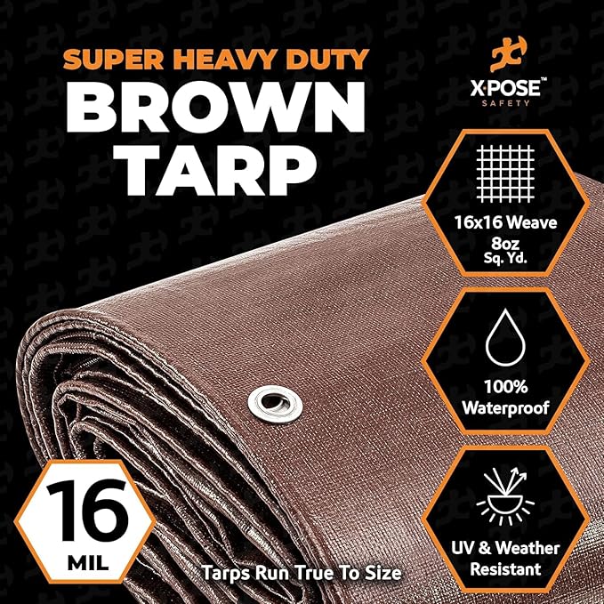 Super Heavy Duty Brown Poly Tarp 10' x 12' - Bulk Half Pallet (90 Pack) Thick Waterproof, UV Blocking Protective Cover - 16 Mil Thick Polyethylene - by Xpose Safety