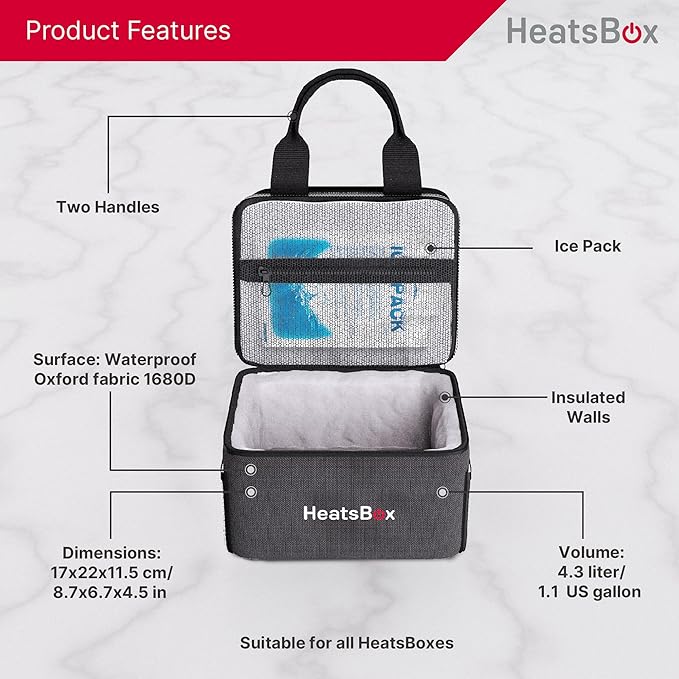 HeatsBox Insulated Food Carrier Bag - Keep Your Meals Cold and Ready to Heat - Black, 2 Compartments - Carry Bag