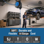 SURAIELEC 50FT Retractable Extension Cord Reel, 14AWG/3C SJTOW Heavy Duty Power Cord with Lighted Triple Tap, 13A Circuit Breaker, Ceiling/Wall Mount for Garage, Shop, Workshop, ETL Listed, Blue
