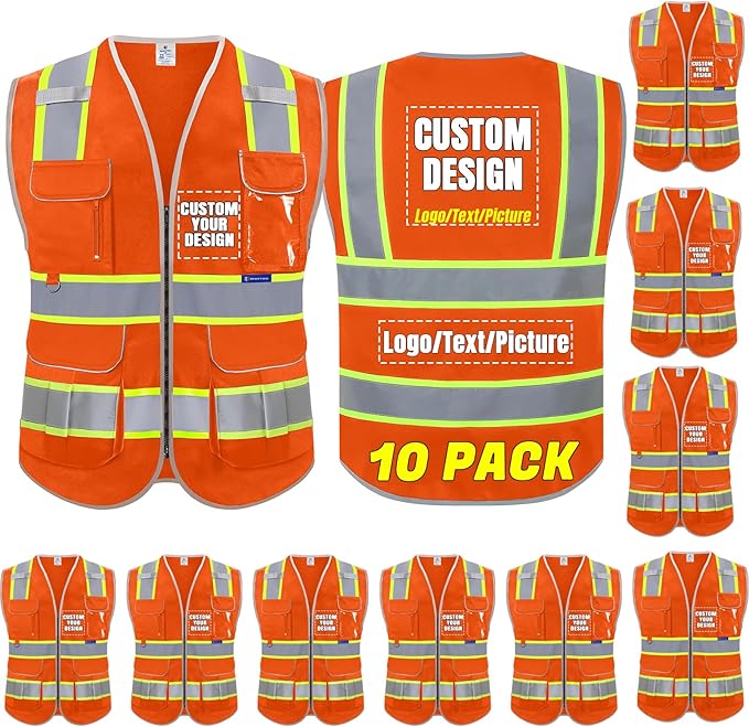 BeautyWill Custom Logo 10/20 Pack Safety Vest Class2 High Visibility Vest with Pockets Breathable Construction Vest Bulk