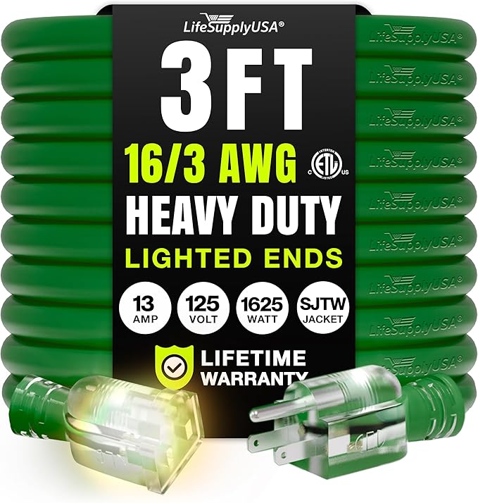 3ft Outdoor/Indoor Extension Cord 16/3 Gauge Heavy Duty 3 Prong SJTW, Waterproof, ETL Listed, Flexible Cold-Resistant Long Power Cord,13A 125V 1625W, Green by LifeSupplyUSA