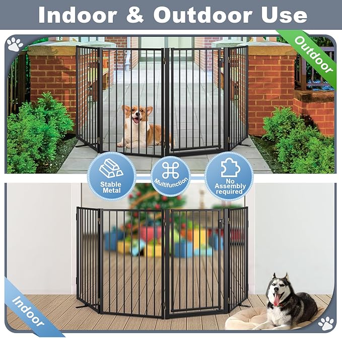 Metal Freestanding Dog Gates with Door for Outdoor Indoor,80'' Extra Wide 32'' Tall Free Standing Dog Gate for Doorways,Large Openings,Deck,Yard,Foldable Safety Pet Fence(Black,4 Panels)