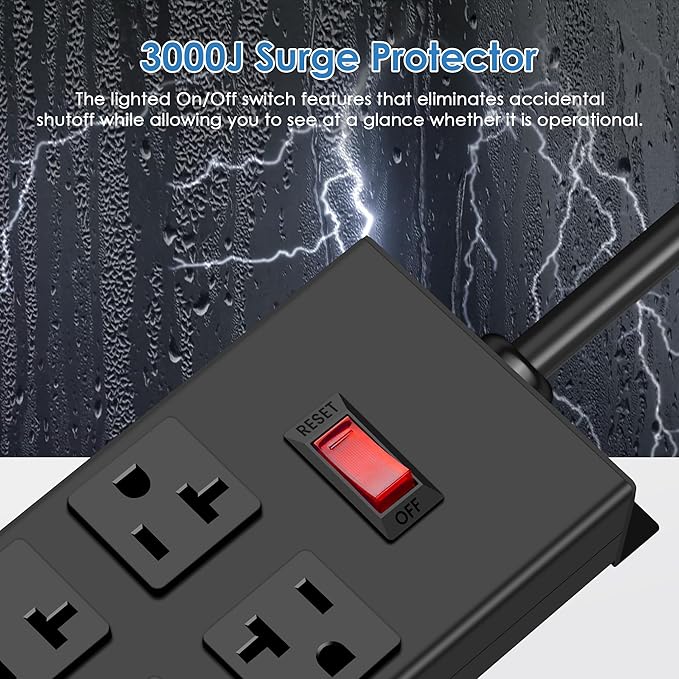JUNNUJ Heavy Duty 20 Amp Power Strip, Garage 6 Outlets Metal 12 Gauge Surge Protector 3000J, High Amp 5-15P Adapter Shop 6-20R T-Slot Industrial (6AC, 10FT)
