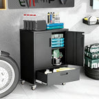 Metal Storage Cabinet with Wheels, Mobile Garage Storage Cabinet with 2 Lockable Doors and 1 Drawer, Rolling Tool Cabinet, Assembly Required, Black