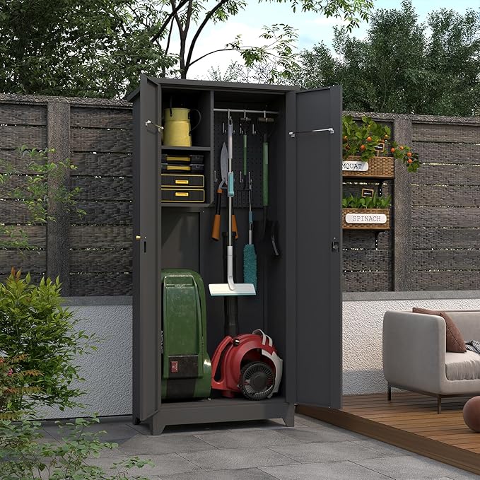 LUCYPAL Outdoor Storage Cabinet Waterproof,Metal Storage Shed with Shelves,Tool Shed with Lockable Doors and Slooping Roof for Garden,Backyard,Patio Lawn,Grey