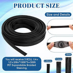 Pangda 150 Feet 1/4, 1/2, 3/8 Inches Wire Loom PET Expandable Braided Sleeving Braided Sleeve for TV, Computer, Home Theater (Black)