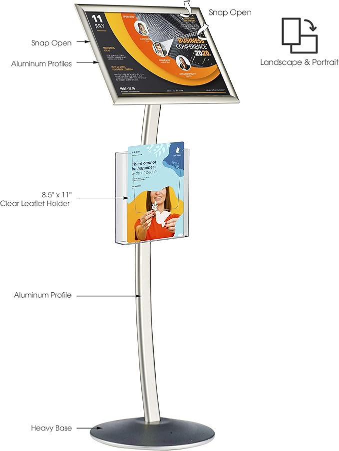 M&T Displays Curved Menu Board, 11x17 Inch Pedestal Sign Holder with 8.5x11 Inch Brochure Holder Silver Floor Standing Aluminum Front Loading Easy Open Poster Message Advertisement Post