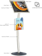 M&T Displays Curved Menu Board, 11x17 Inch Pedestal Sign Holder with 8.5x11 Inch Brochure Holder Silver Floor Standing Aluminum Front Loading Easy Open Poster Message Advertisement Post