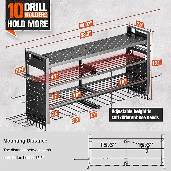 Large Power Tool Organizer Wall Mount, Heavy Duty Tool Organizer with 10 cordless Drill Holder, 4 Layers Garage Organization and Storage Rack, Tool Rack for Garage Workshop, Black