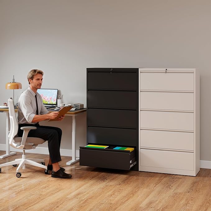 5 Drawer File Cabinet with Lock, Lateral Filing Cabinets,Metal Storage Filing Cabinets for Home Office, Heavy Duty File Cabinet for Letter/Legal/A4/F4 Size Amssebly Required, Black