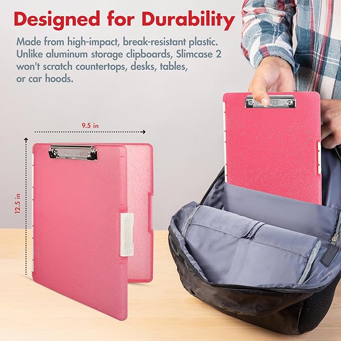 Dexas Slimcase 2 Plastic Clipboard with Storage and Side Opening, Pink Glitter, Office Supplies Clipboards to Organize, Carry and Store, A4 Holder, Style and Functionality Nursing Clipboards
