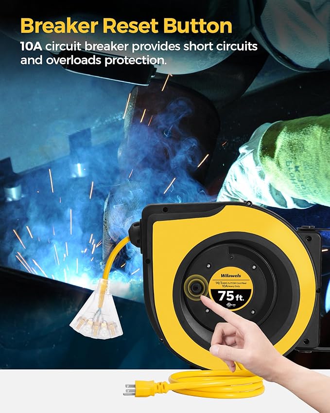 Retractable Cord Reel, 75 FT Heavy Duty Extension Cord, 14AWG/3C SJTOW, 3 Grounded Outlets Lighted Triple Tap, 10A Circuit Breaker, Wall/Ceiling Mounted, UL Listed, Yellow Y75CR06